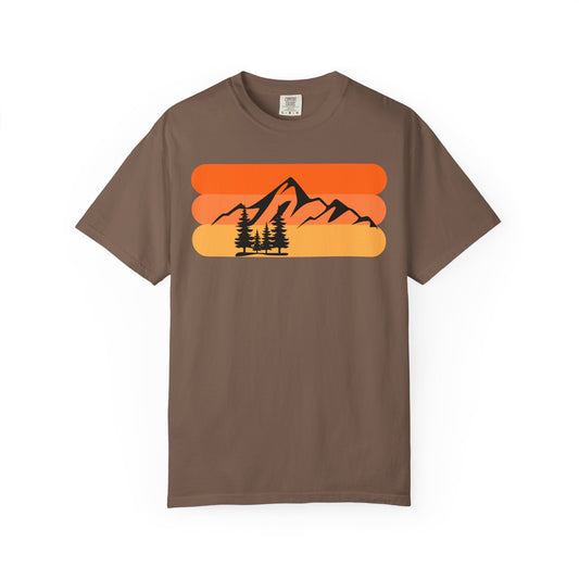 Retro Mountain Sunset T-Shirt - Mountains, skiing, camping, pine trees, forest, woods