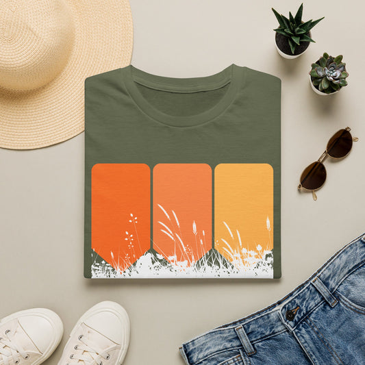 Retro Sunset Grass T-Shirt - Vintage Orange Gradient Nature Tee