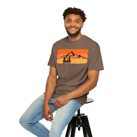 Retro Mountain Sunset T-Shirt - Mountains, skiing, camping, pine trees, forest, woods