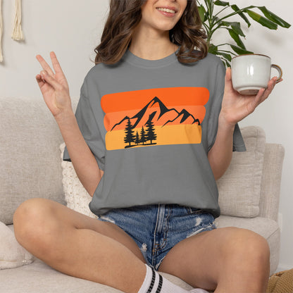 Retro Mountain Sunset T-Shirt - Mountains, skiing, camping, pine trees, forest, woods