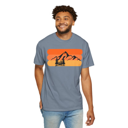 Retro Mountain Sunset T-Shirt - Mountains, skiing, camping, pine trees, forest, woods