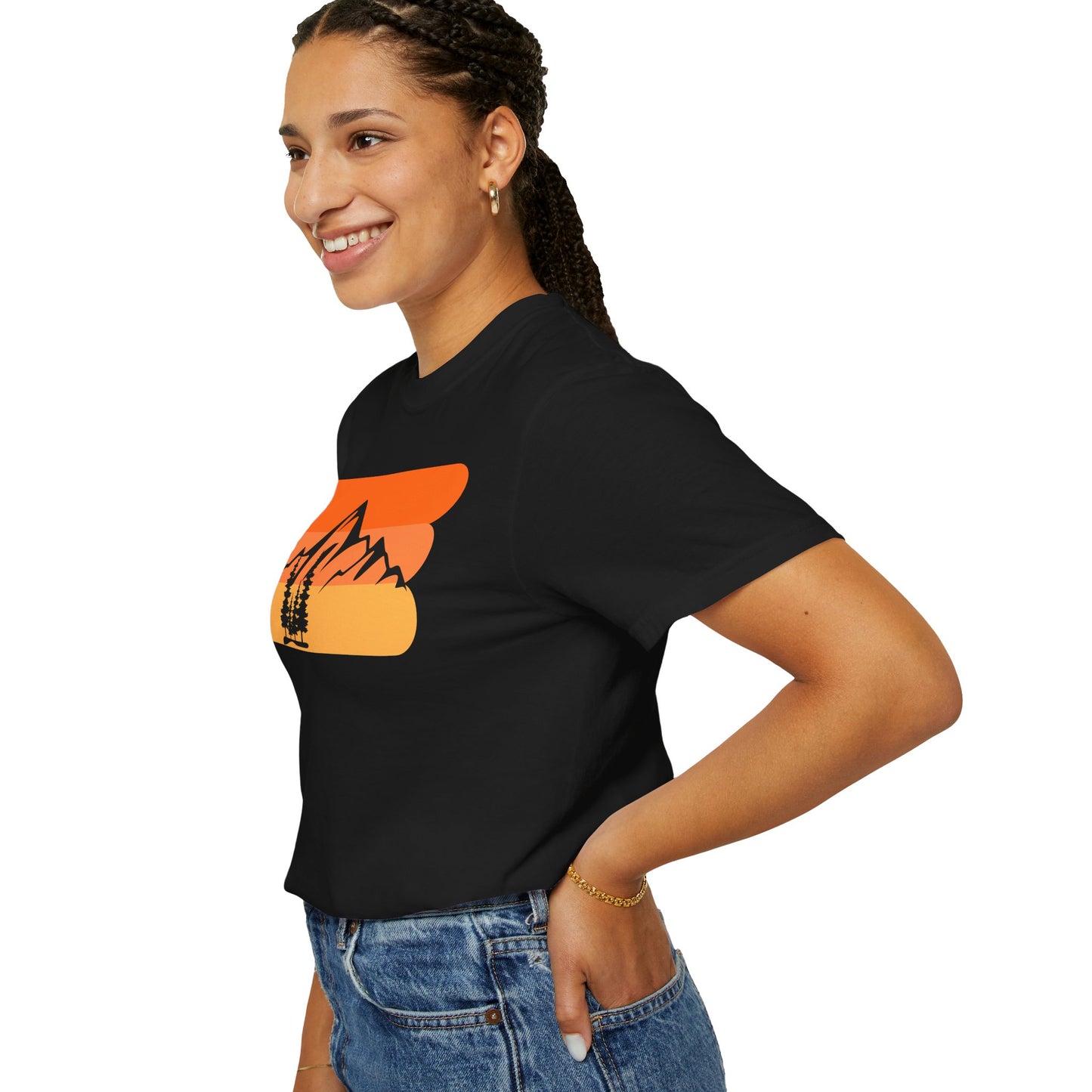 Retro Mountain Sunset T-Shirt - Mountains, skiing, camping, pine trees, forest, woods