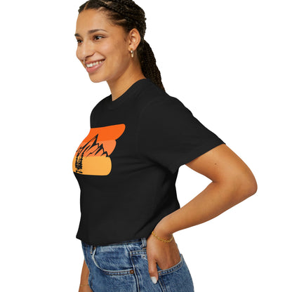 Retro Mountain Sunset T-Shirt - Mountains, skiing, camping, pine trees, forest, woods