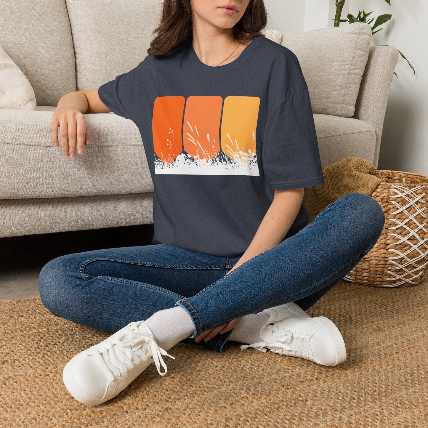 Retro Sunset Grass T-Shirt - Vintage Orange Gradient Nature Tee