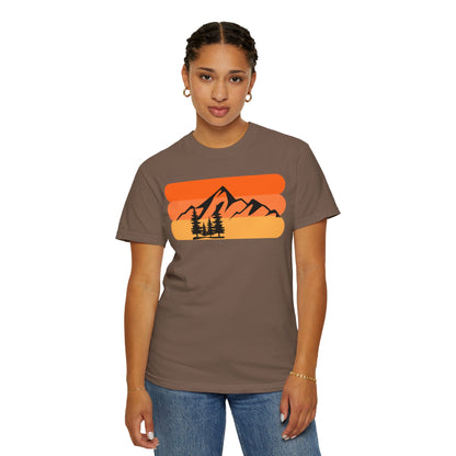 Retro Mountain Sunset T-Shirt - Mountains, skiing, camping, pine trees, forest, woods