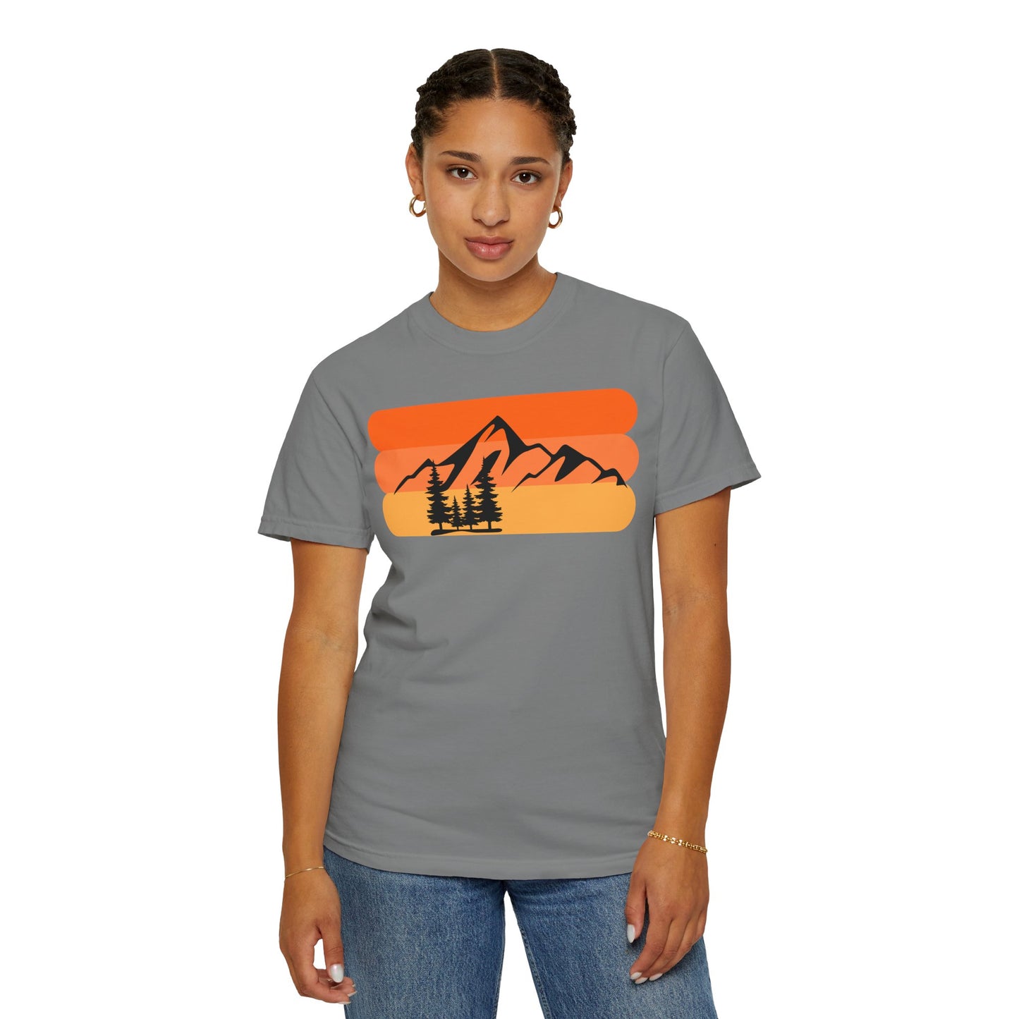 Retro Mountain Sunset T-Shirt - Mountains, skiing, camping, pine trees, forest, woods