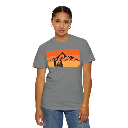 Retro Mountain Sunset T-Shirt - Mountains, skiing, camping, pine trees, forest, woods
