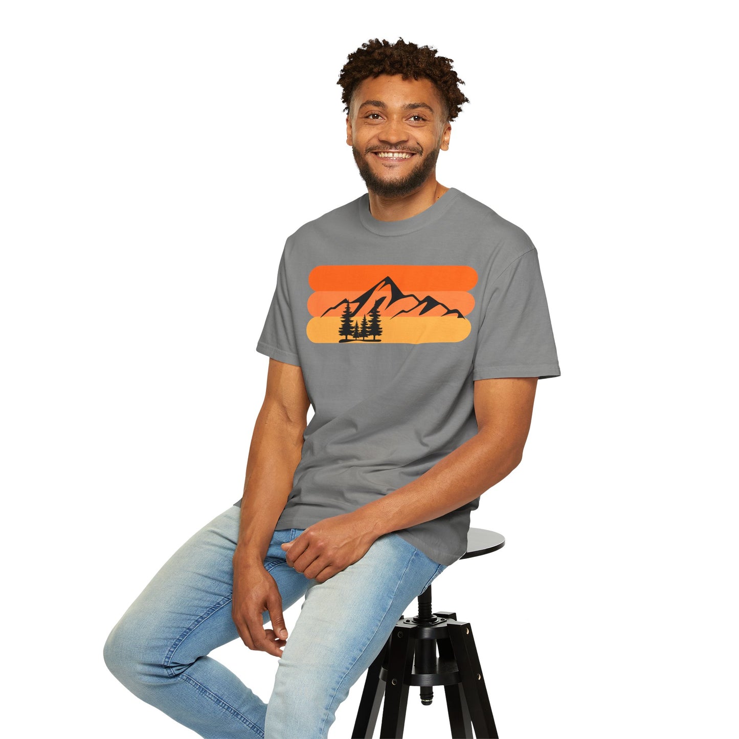 Retro Mountain Sunset T-Shirt - Mountains, skiing, camping, pine trees, forest, woods