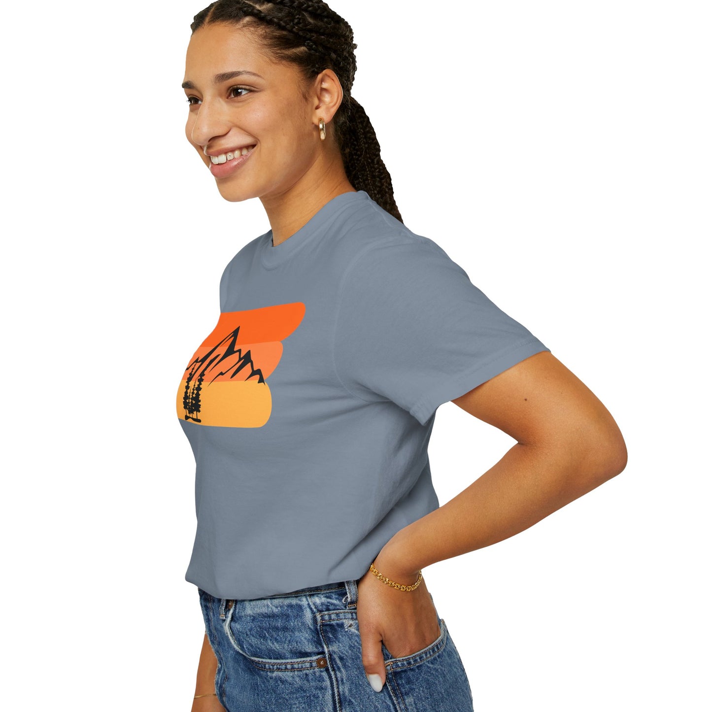 Retro Mountain Sunset T-Shirt - Mountains, skiing, camping, pine trees, forest, woods