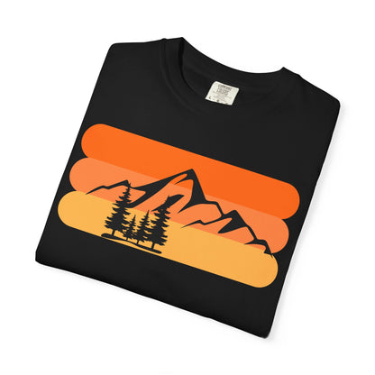Retro Mountain Sunset T-Shirt - Mountains, skiing, camping, pine trees, forest, woods