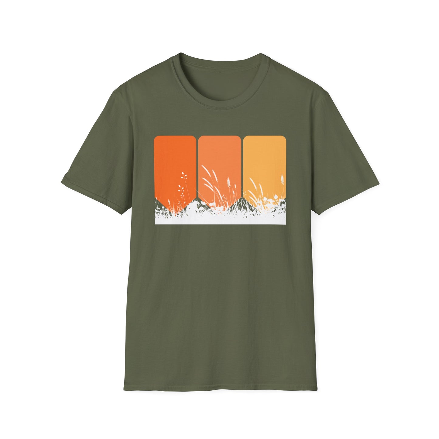 Retro Sunset Grass T-Shirt - Vintage Orange Gradient Nature Tee