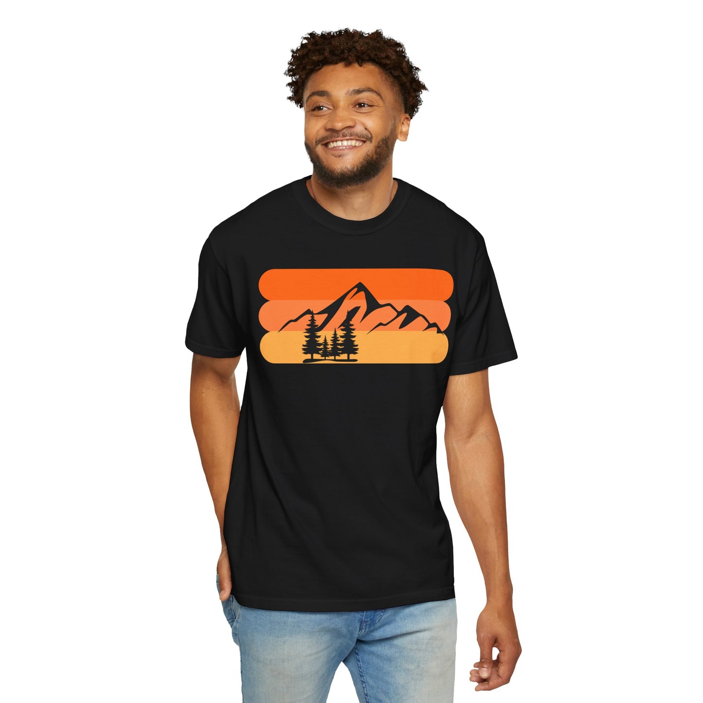 Retro Mountain Sunset T-Shirt - Mountains, skiing, camping, pine trees, forest, woods