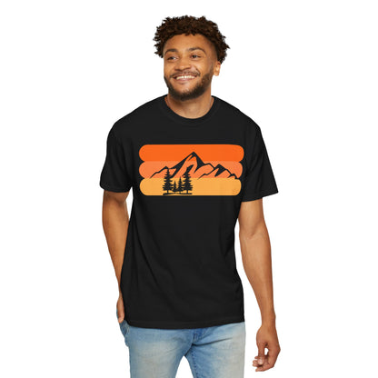 Retro Mountain Sunset T-Shirt - Mountains, skiing, camping, pine trees, forest, woods