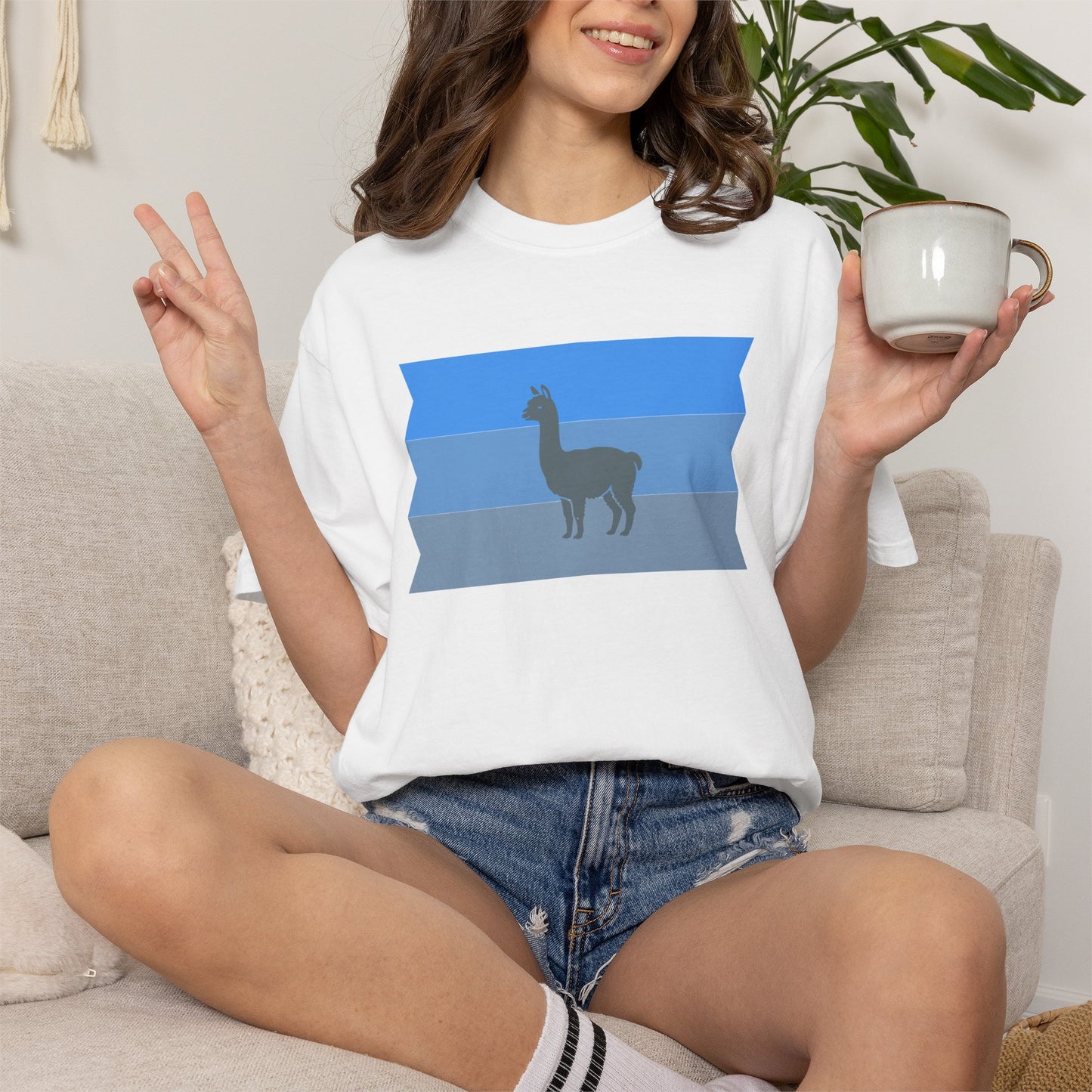 Blue Striped Llama Graphic T-Shirt
