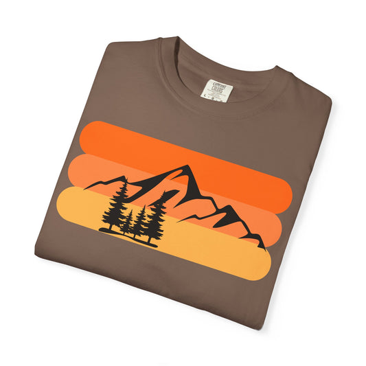 Retro Mountain Sunset T-Shirt - Mountains, skiing, camping, pine trees, forest, woods