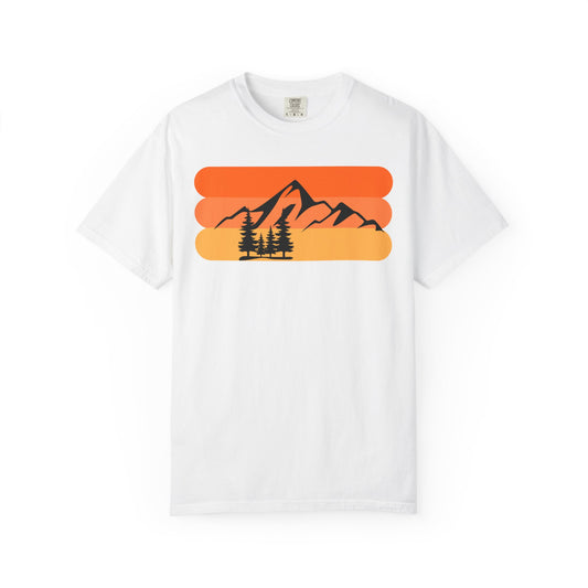 Retro Mountain Sunset T-Shirt - Mountains, skiing, camping, pine trees, forest, woods