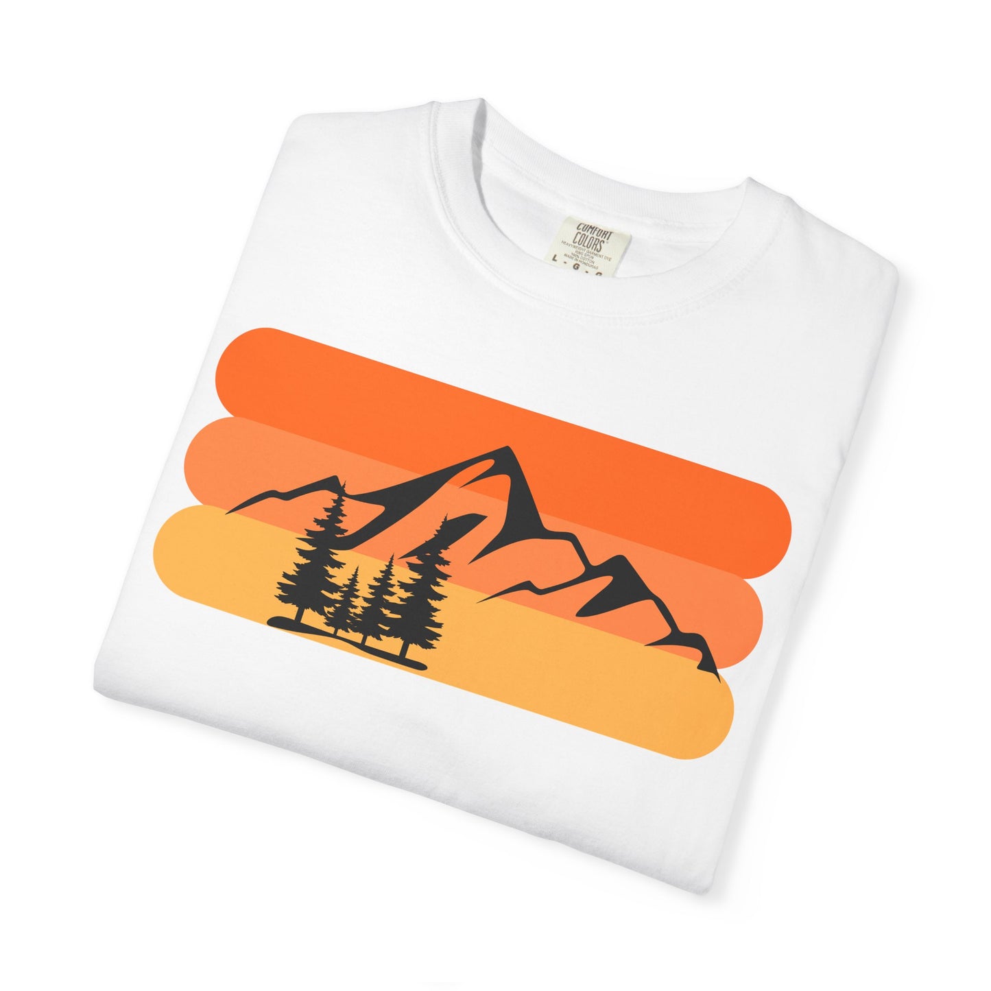 Retro Mountain Sunset T-Shirt - Mountains, skiing, camping, pine trees, forest, woods