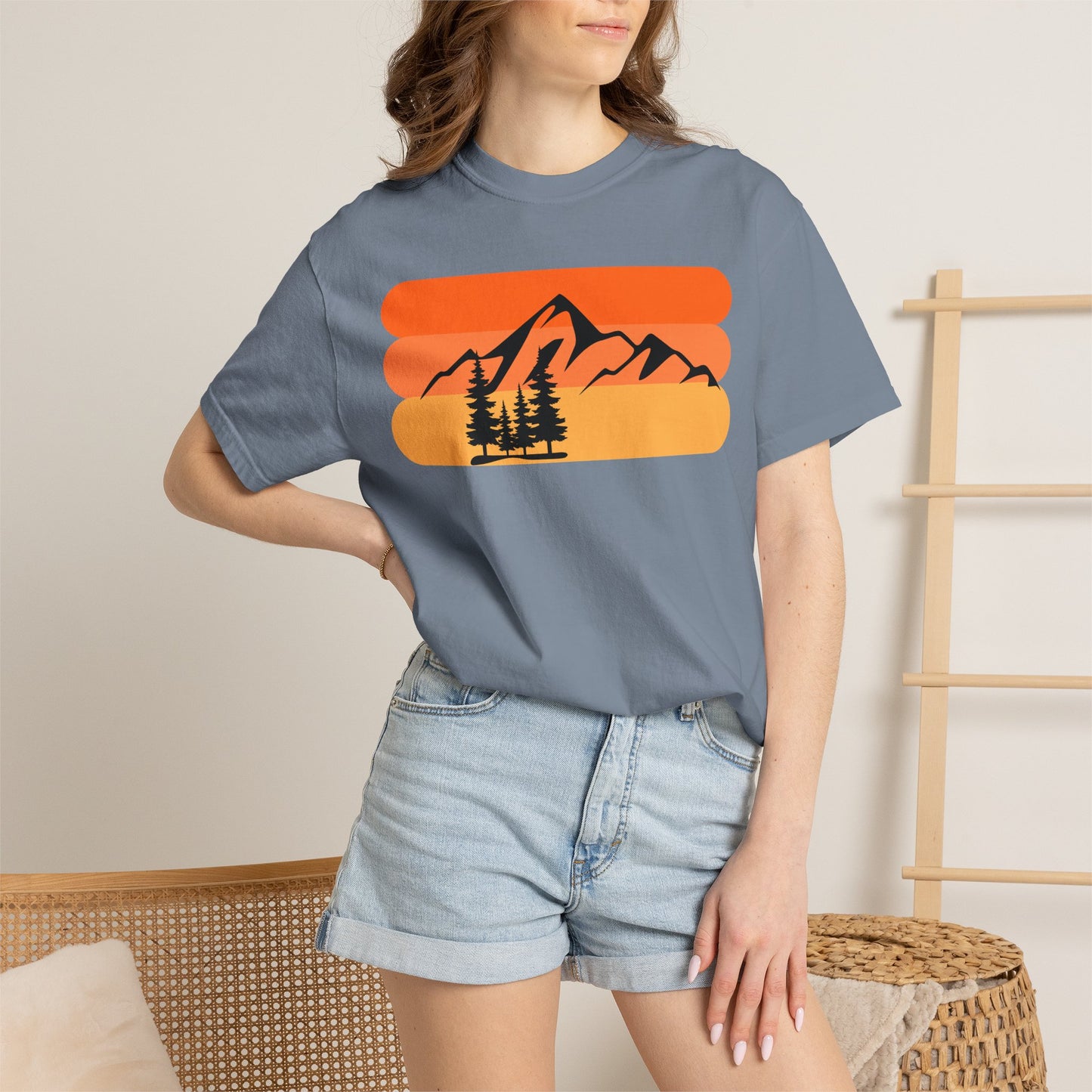 Retro Mountain Sunset T-Shirt - Mountains, skiing, camping, pine trees, forest, woods