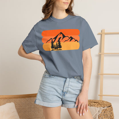 Retro Mountain Sunset T-Shirt - Mountains, skiing, camping, pine trees, forest, woods