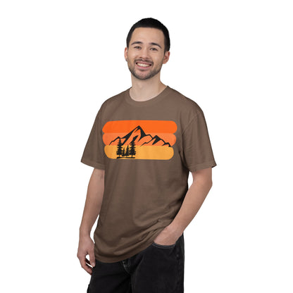 Retro Mountain Sunset T-Shirt - Mountains, skiing, camping, pine trees, forest, woods